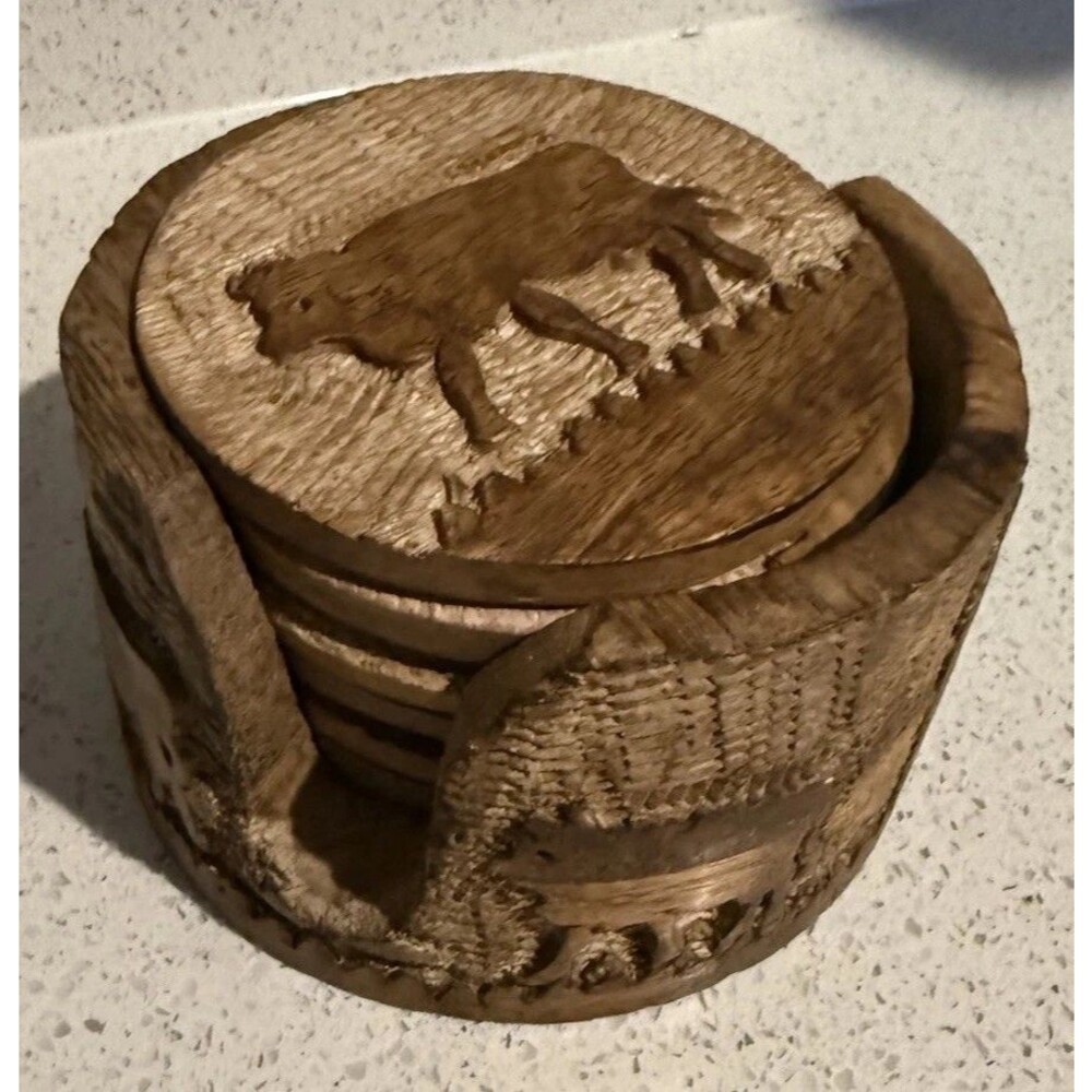 Vintage 6 Wood Carved Coasters Matching Holders Wildlife & Farm Scenes.